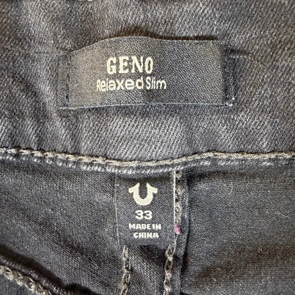 True Religion Geno Relaxed Slim Black Pink Big T Flap Jeans Men 33 Raw Hem #3937